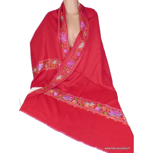 Châle femme laine rouge brodé fil et perles - Châles en laine faits main