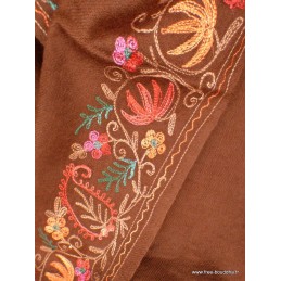 Châle femme laine marron chocolat brodé fil Pashminas laine et broderies CBP18