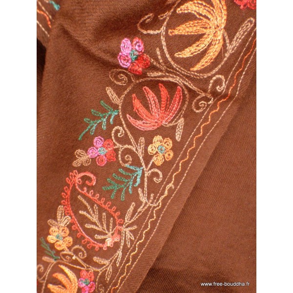 Châle femme laine marron chocolat brodé fil Pashminas laine et broderies CBP18