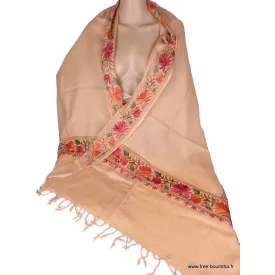 Châle femme laine beige rosé brodé fils - Châles en laine faits main