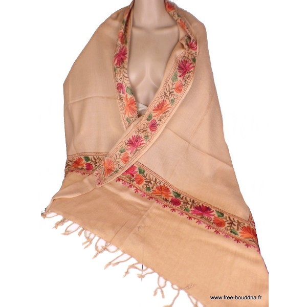 Châle femme laine beige rosé brodé fils Pashminas laine et broderies CBP19