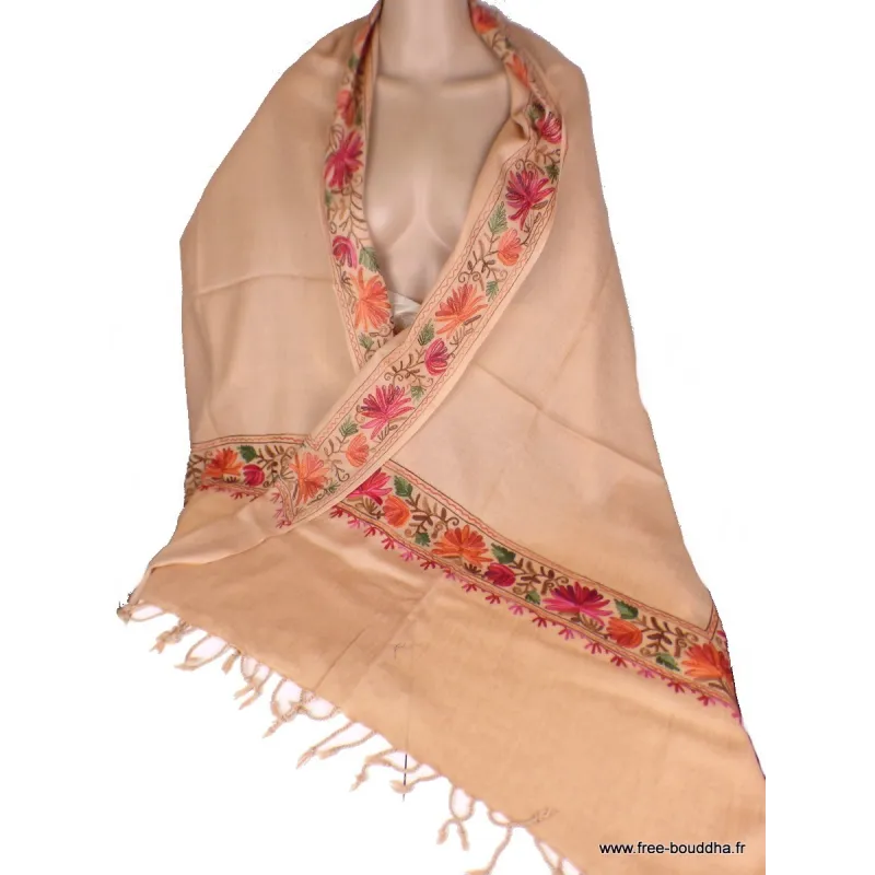 Châle femme laine beige rosé brodé fils - Châles en laine faits main