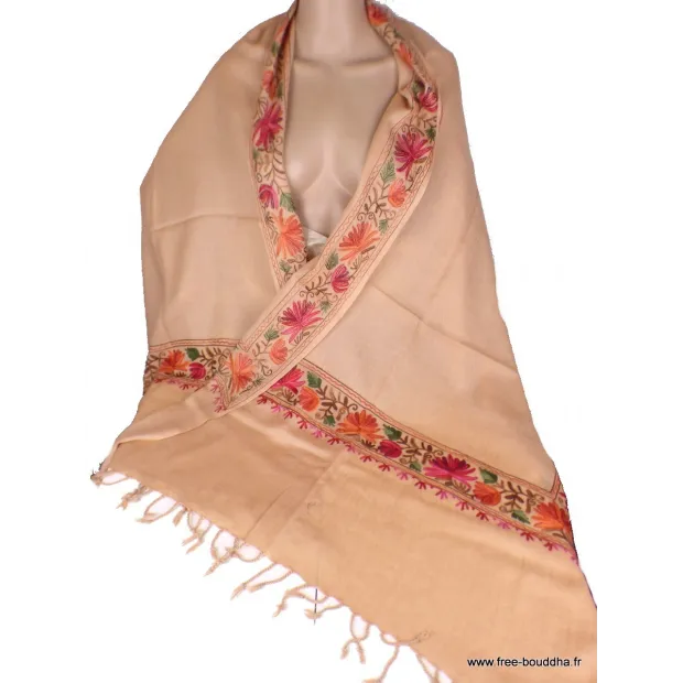 Châle femme laine beige rosé brodé fils - Châles en laine faits main
