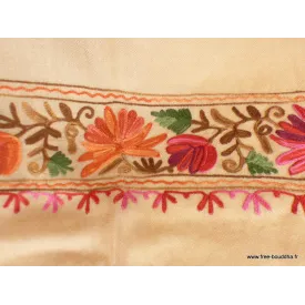 Châle femme laine beige rosé brodé fils - Châles en laine faits main