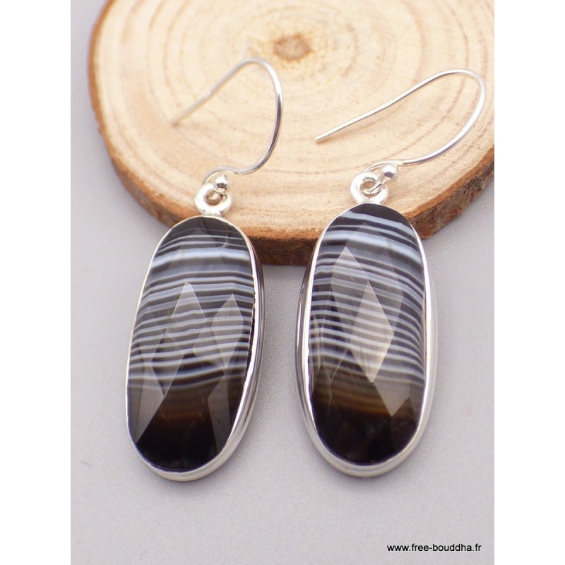 Boucles d'oreilles Agate noire à bandes facettées ovales Bijoux en Agate XV107.1