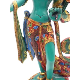 Statue bouddhiste Tara verte sur pied 30 cm - Artisanat Tibétain - Statuettes bouddhistes tibétaines artisanales