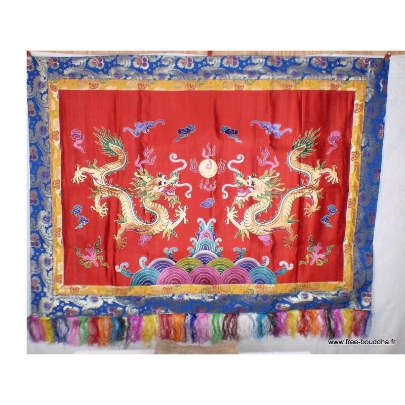 Tenture murale Dragons en soie épaisse rouge Tentures tibétaines Bouddha TENDRA3