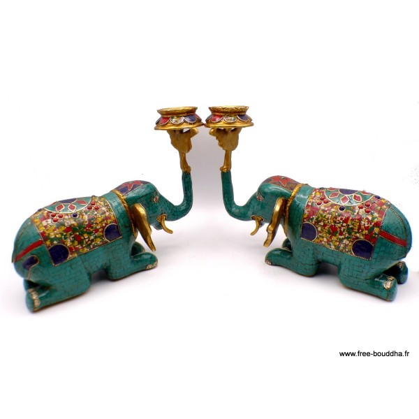 Statue Eléphant en laiton serti de pierres naturelles 2,6 kg Statuettes Bouddhistes STAEL