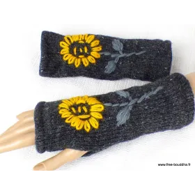 Mitaines en laine doublées polaire gris fleur jaune - Gants , bonnets népalais