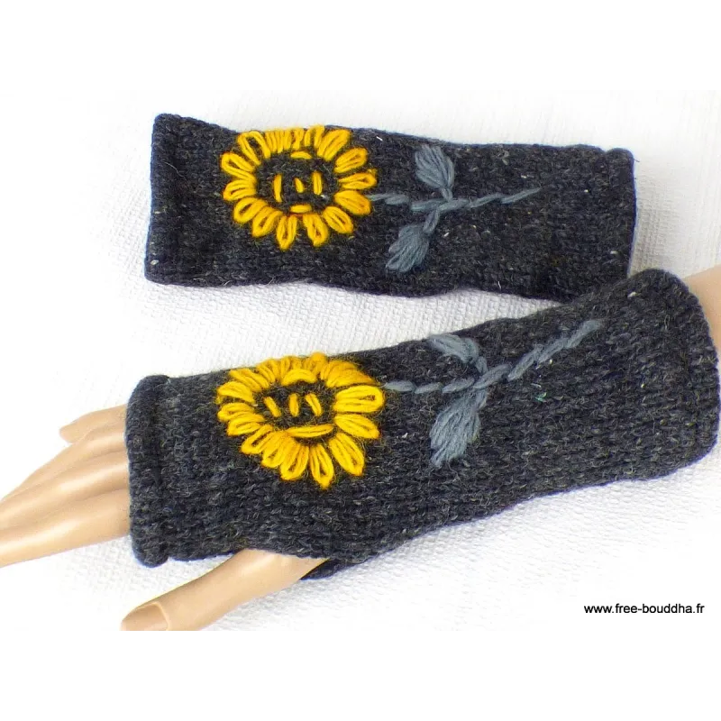 Mitaines en laine doublées polaire gris fleur jaune - Gants , bonnets népalais