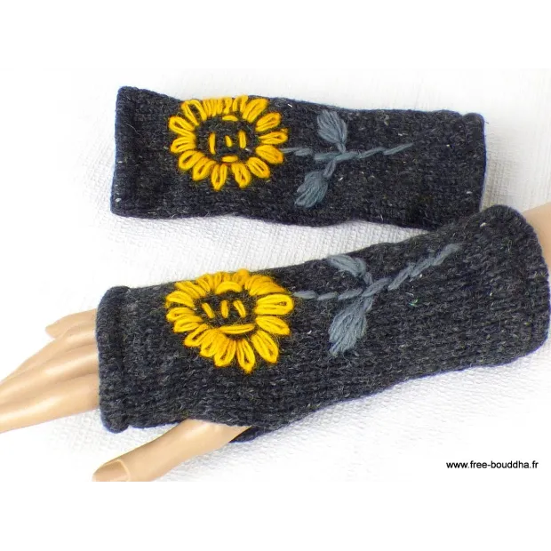Mitaines en laine doublées polaire gris fleur jaune - Gants , bonnets népalais