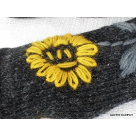 Mitaines en laine doublées polaire gris fleur jaune - Gants , bonnets népalais