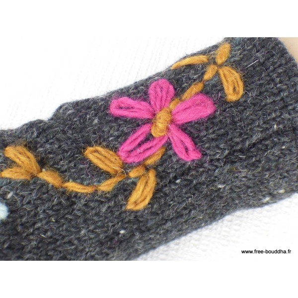 Mitaines en laine doublées polaire gris fleur bleue Gants , bonnets népalais MIT2