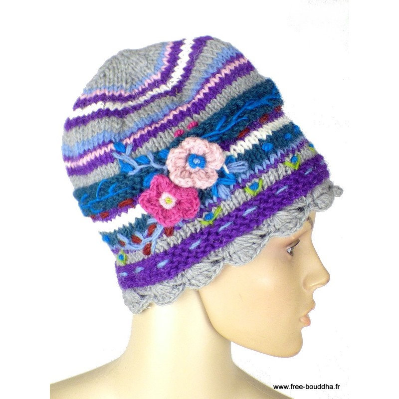 Bonnet népalais laine violet gris doublé polaire Gants , bonnets népalais BON6