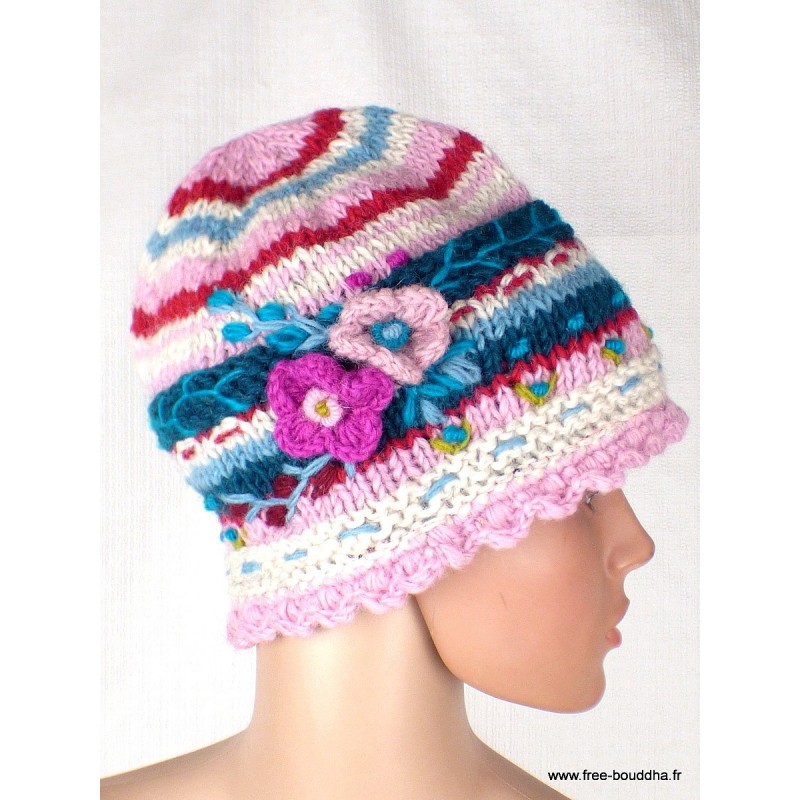 Bonnet en laine doublée polaire rose bleu Gants , bonnets népalais BON8