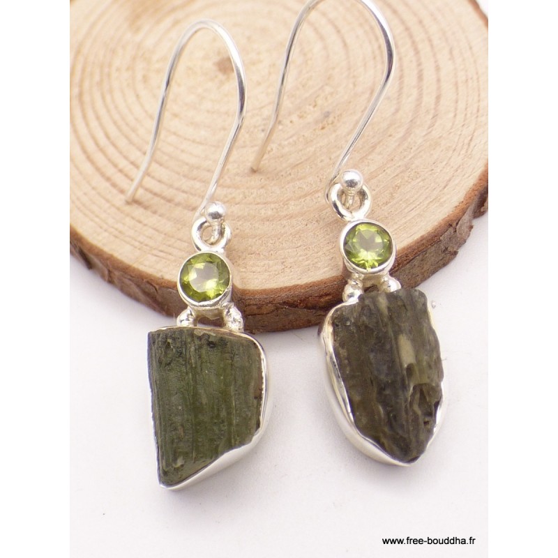 Boucles d'oreilles Moldavite brute et péridot Boucles d'oreilles en pierres XV127.20