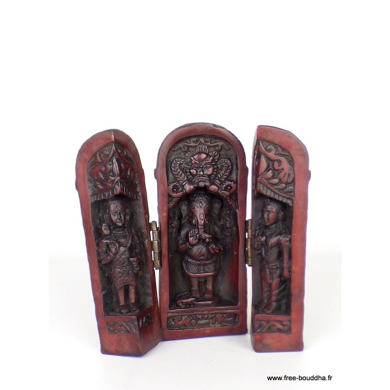 Temple triptyque bouddhiste Ganesh portatif rouge Objets rituels bouddhistes TEMGA1