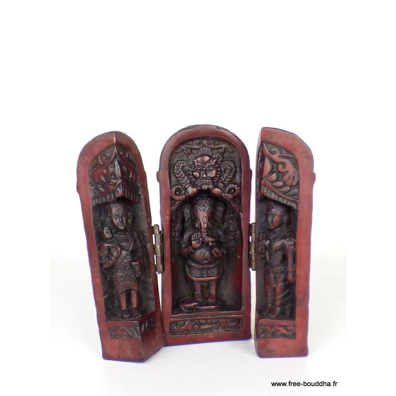 Temple triptyque bouddhiste Ganesh portatif rouge - Objets rituels bouddhistes