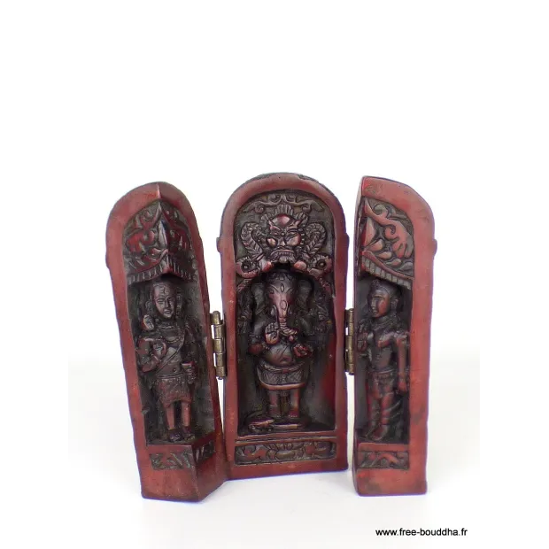 Temple triptyque bouddhiste Ganesh portatif rouge - Objets rituels bouddhistes
