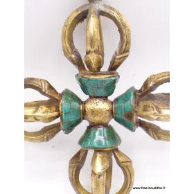 Double dorje tibetain varja bouddhiste laiton et pierres 11 cm - Dordjé, double dorjé (sans cloche)