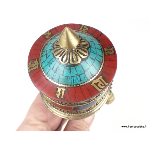 Moulin à prière tibétain 24 cm serti de pierres Objets rituels bouddhistes 7001.2