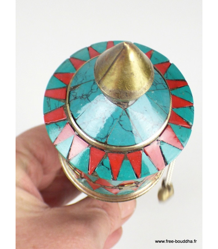Moulin à prière tibétain 21 cm serti de pierres Objets rituels bouddhistes 7001.3