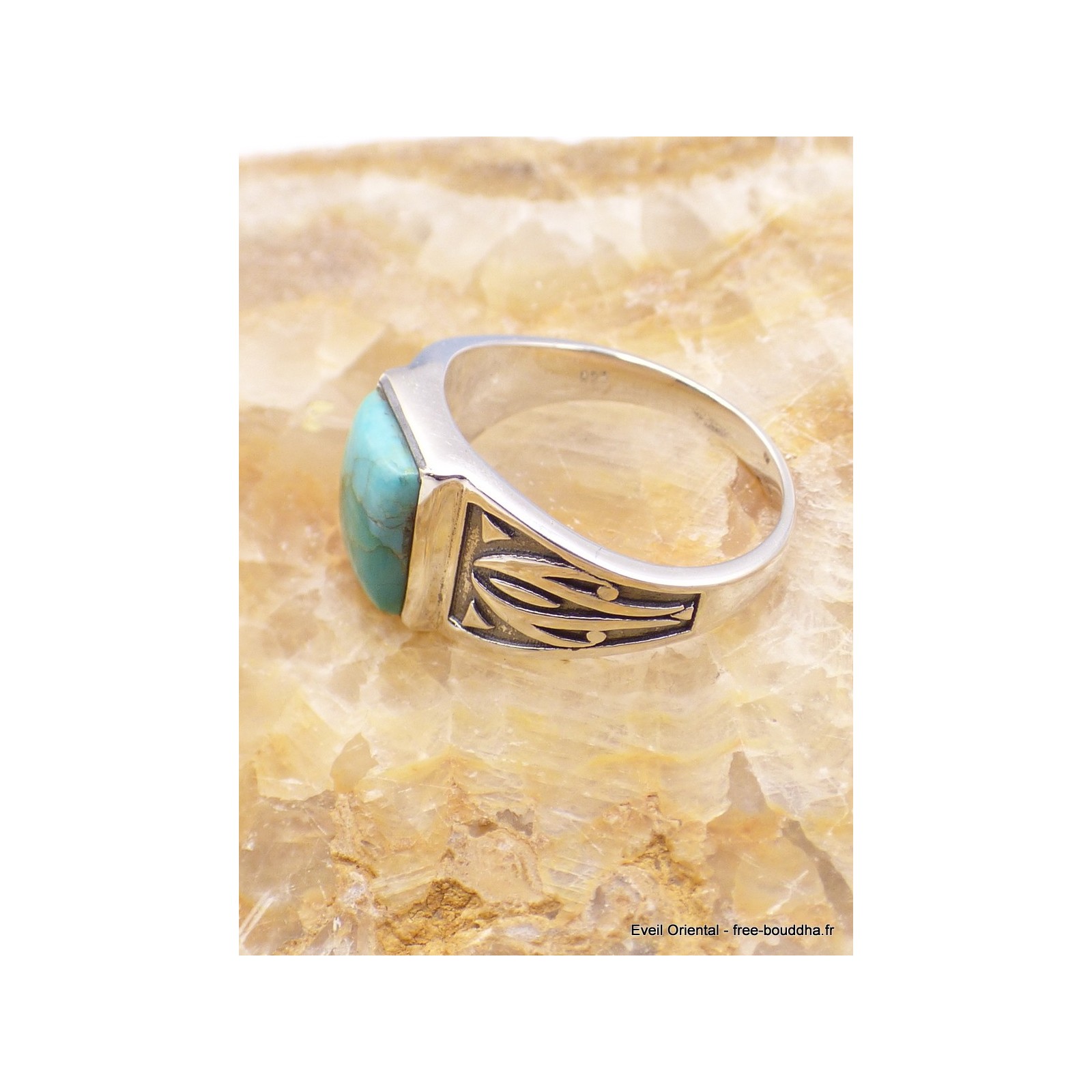 Bague Homme Turquoise Naturelle - Métal - Taille 65 - Style Vintage