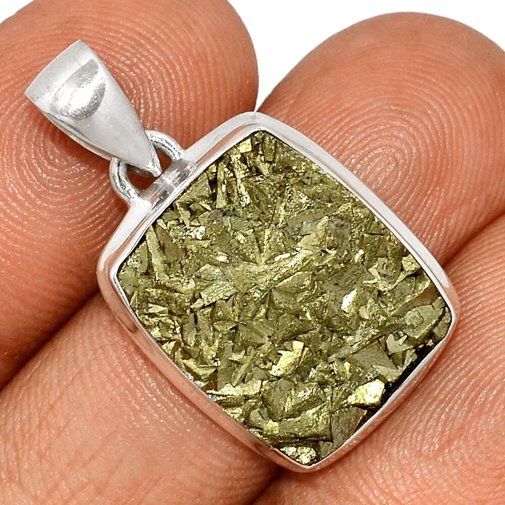 Pendentif Ancien En Argent 925 - Verre Dichroïque Et Quartz Taillé - Occasion, Tons Jaune Et Vert - Bijou Vintage