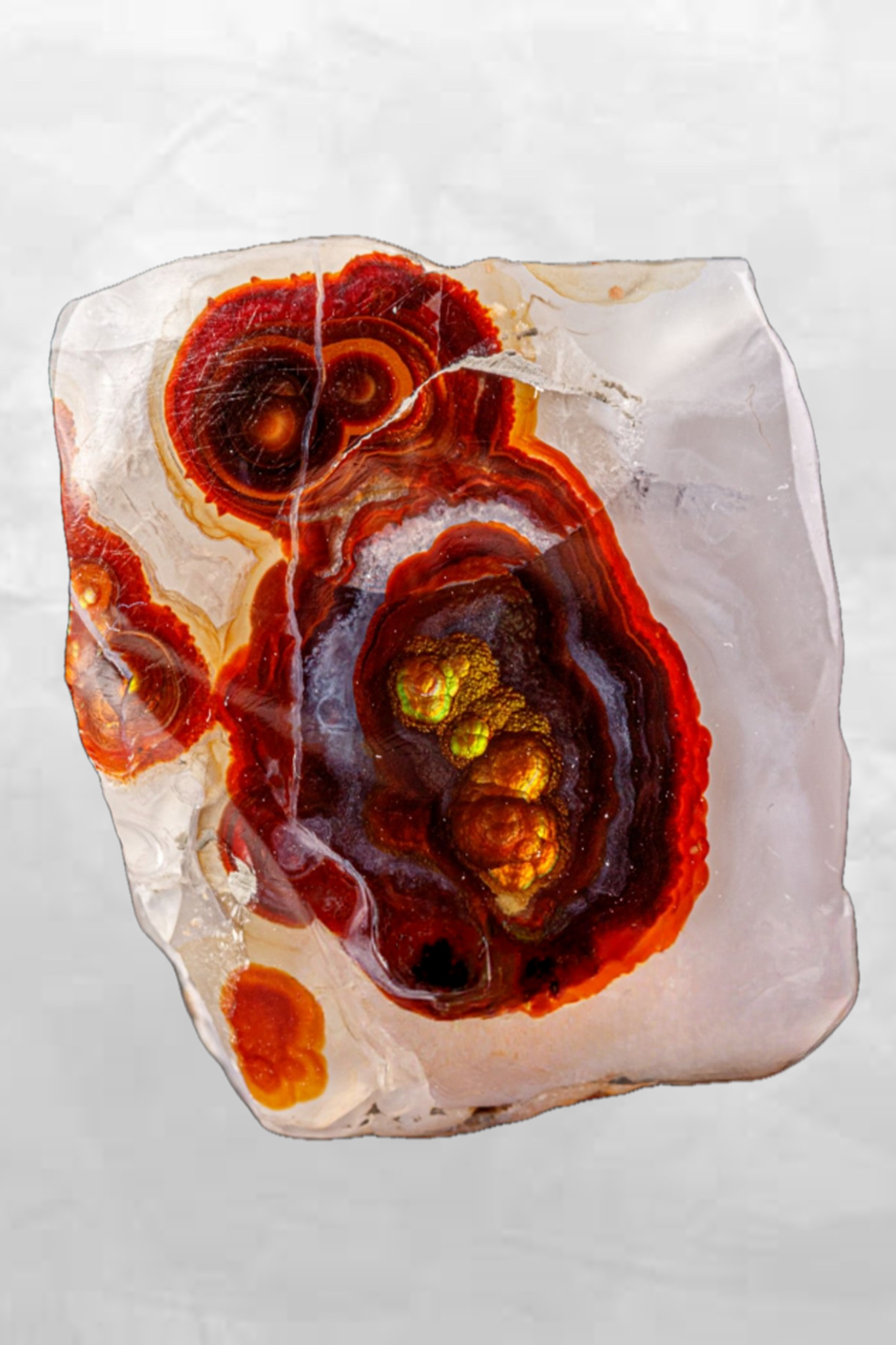 agate-de-feu-sur-roche-calcaire.jpg" alt="Agate de feu naturelle aux reflets rouge orangé encore prise dans sa roche calcaire d'origine