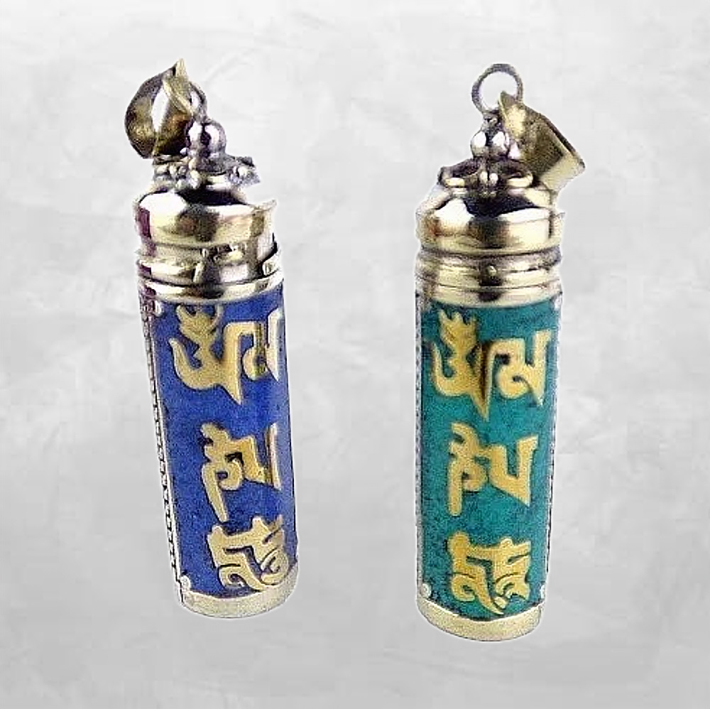 Amulette bouddhiste tube porte-mantra, pendentif tibétain en métal