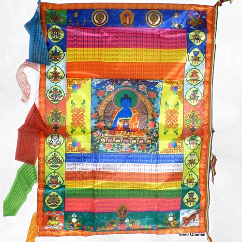 drapeau tibétain vertical en soie bouddha de médecine