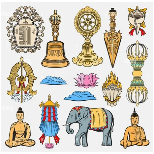 Symboles bouddhistes tibétains : dorjé, cloche, phurba, Kalachakra et Bouddha