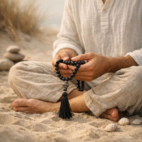 méditation avec un mala en onyx noir, pierre du chakra racine